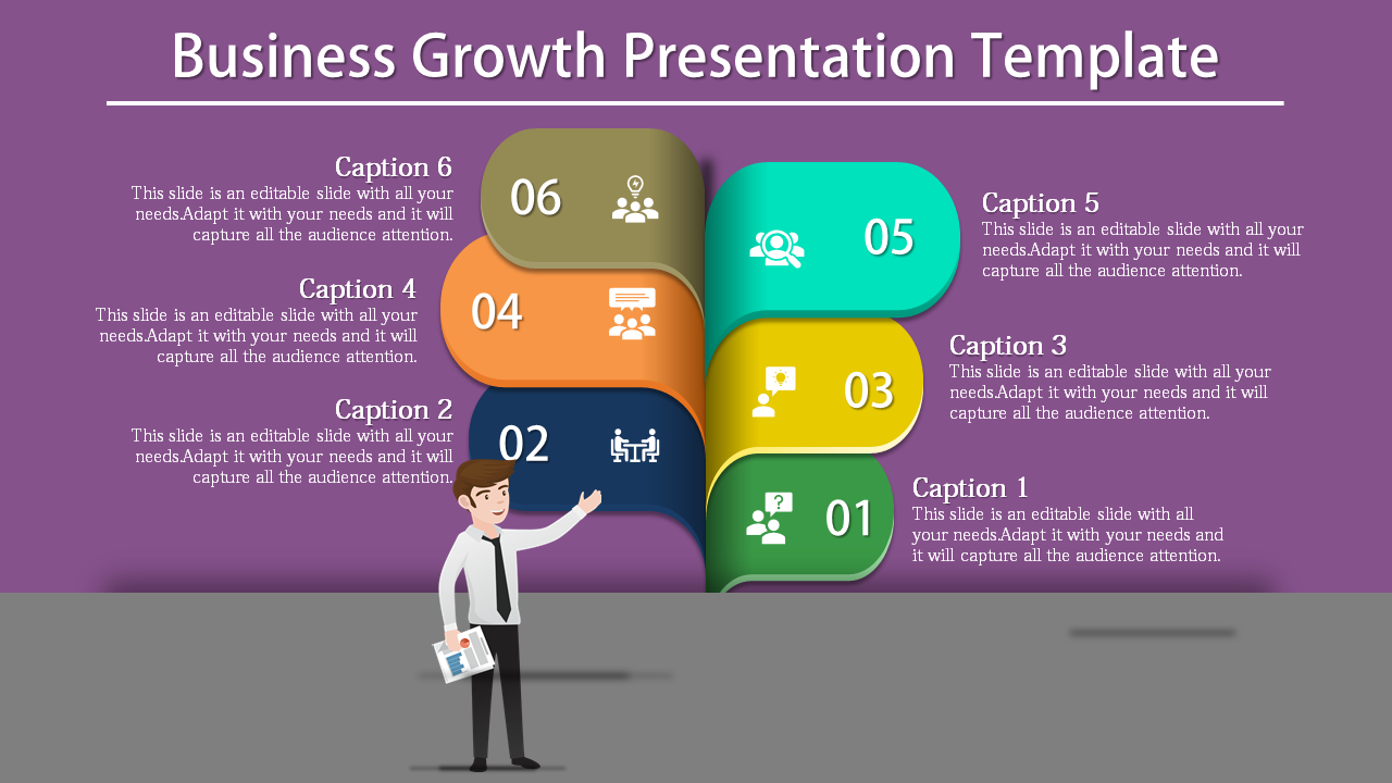 Colorful six step business growth infographic with numbered blocks and a man holding a chart on a purple background.