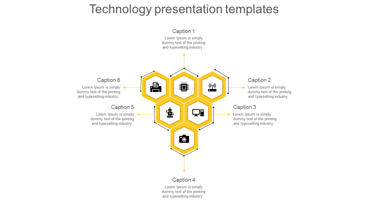 Six section hexagonal grid with black technology icons inside yellow-bordered cells, connected to caption areas.