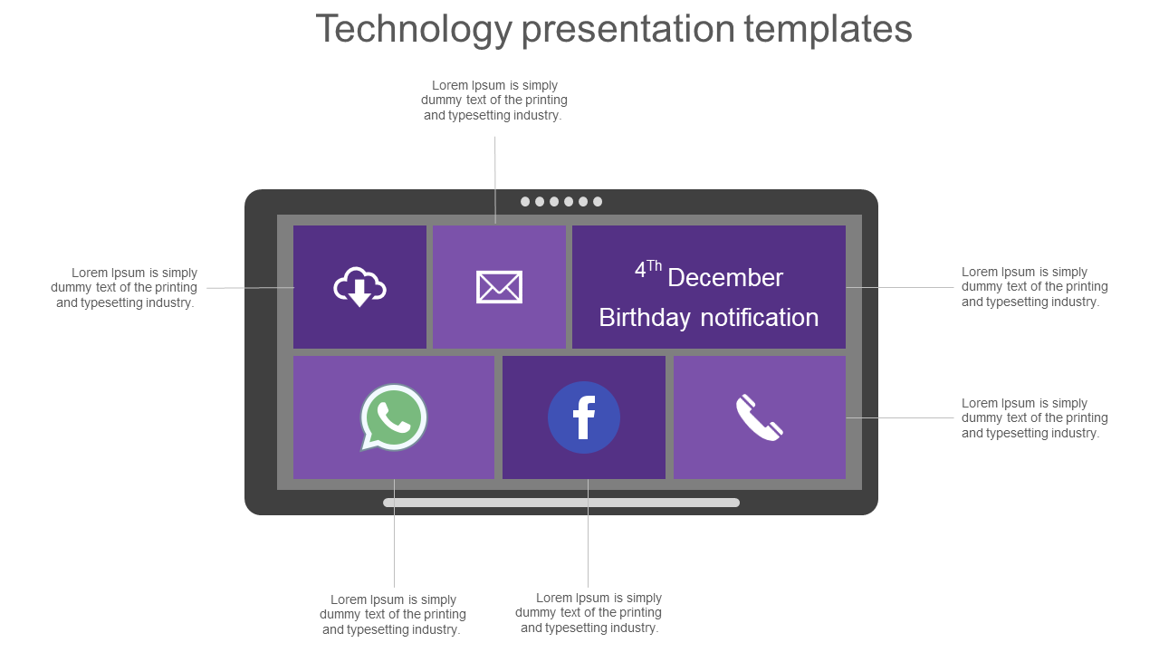 Technology themed slide with a dark tablet screen featuring six purple tiles with icons and text.