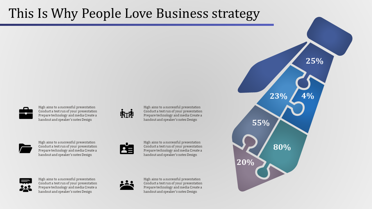 Business strategy PowerPoint template featuring a puzzle piece design with percentages and icons with placeholder text.