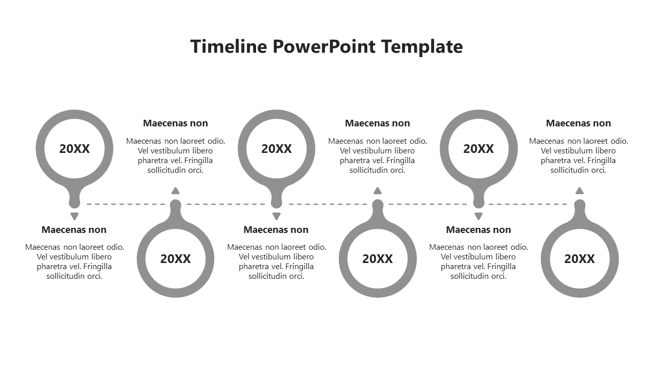 Six gray circles aligned horizontally with arrows and dashed connectors on a minimalist white layout.