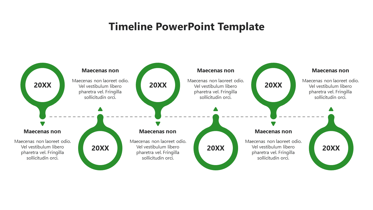 Green circled timeline design with six placeholders text areas for years and descriptions placed in a white background.