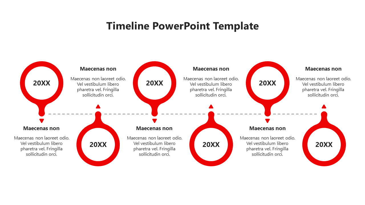 Timeline layout featuring six red circles connected with dotted lines placed in a white background.