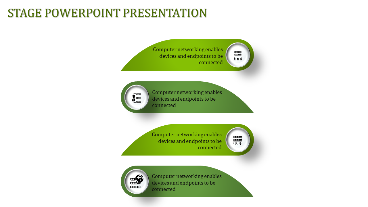 Stage presentation template with four green banners, networking icons, and text describing connectivity.