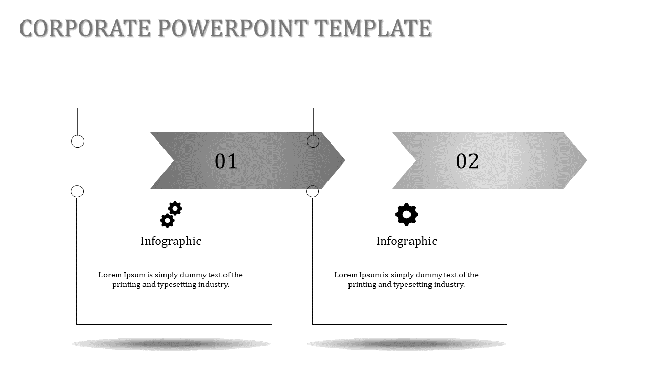 Corporate PowerPoint template with two infographic sections each with a gray arrow and labeled 01 and 02 with icons.
