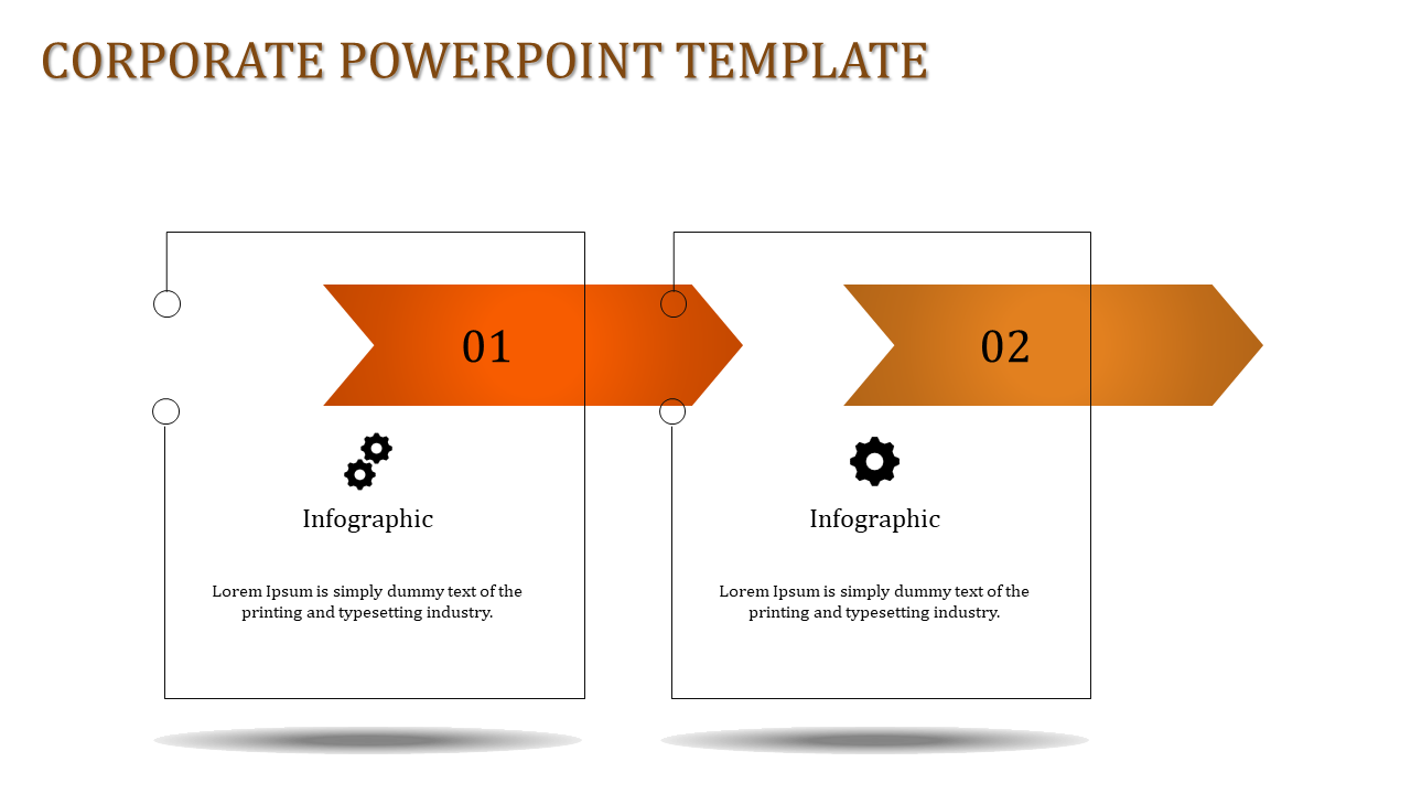Corporate slide with two orange arrows, each pointing to a rectangular content area with a gear icon and description.