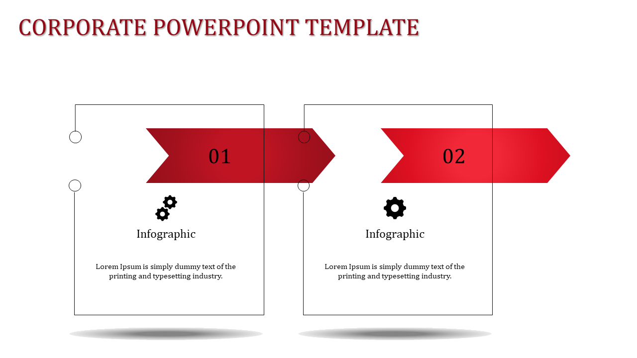Corporate PowerPoint template with two infographic sections each with a red arrow and labeled 01 and 02 with icons.