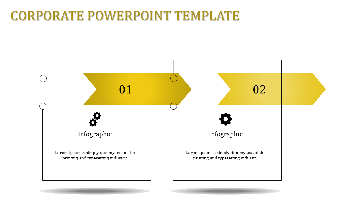 Minimalist corporate template with two yellow arrows marking a two-step workflow, connected to caption areas.