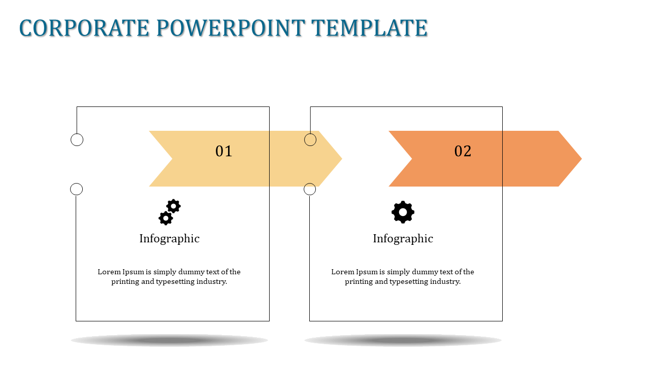 Corporate PowerPoint template with two infographic sections each with an arrow and labeled 01 and 02 with icons.