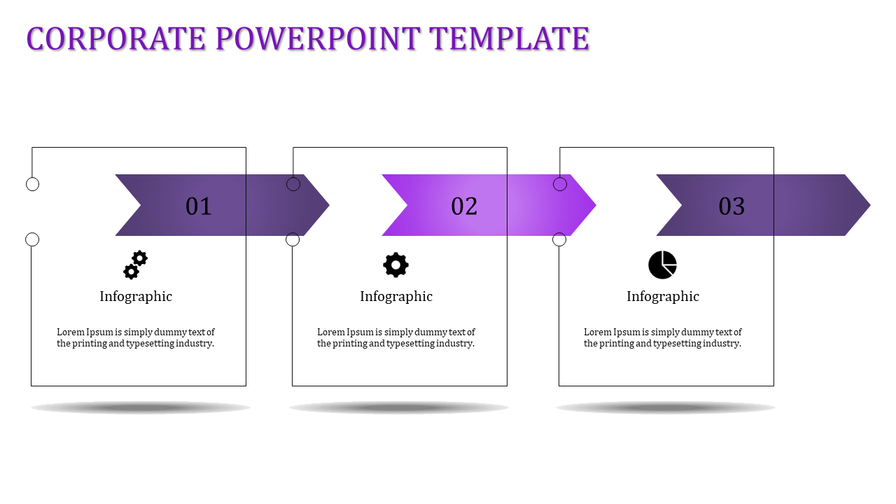 Three step infographic with purple arrows linking outlined boxes, each containing icons and placeholder text.