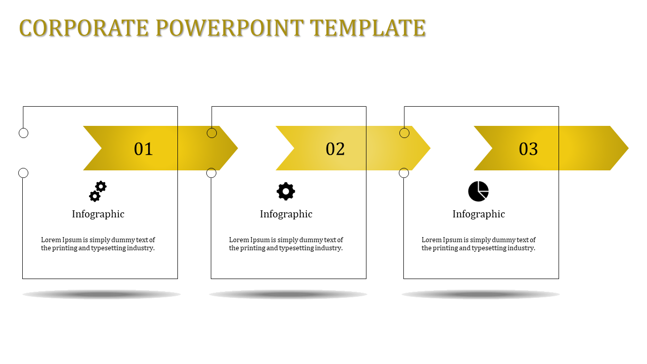 Corporate infographic with three yellow directional arrows pointing to text boxes, each containing an icon and caption areas.