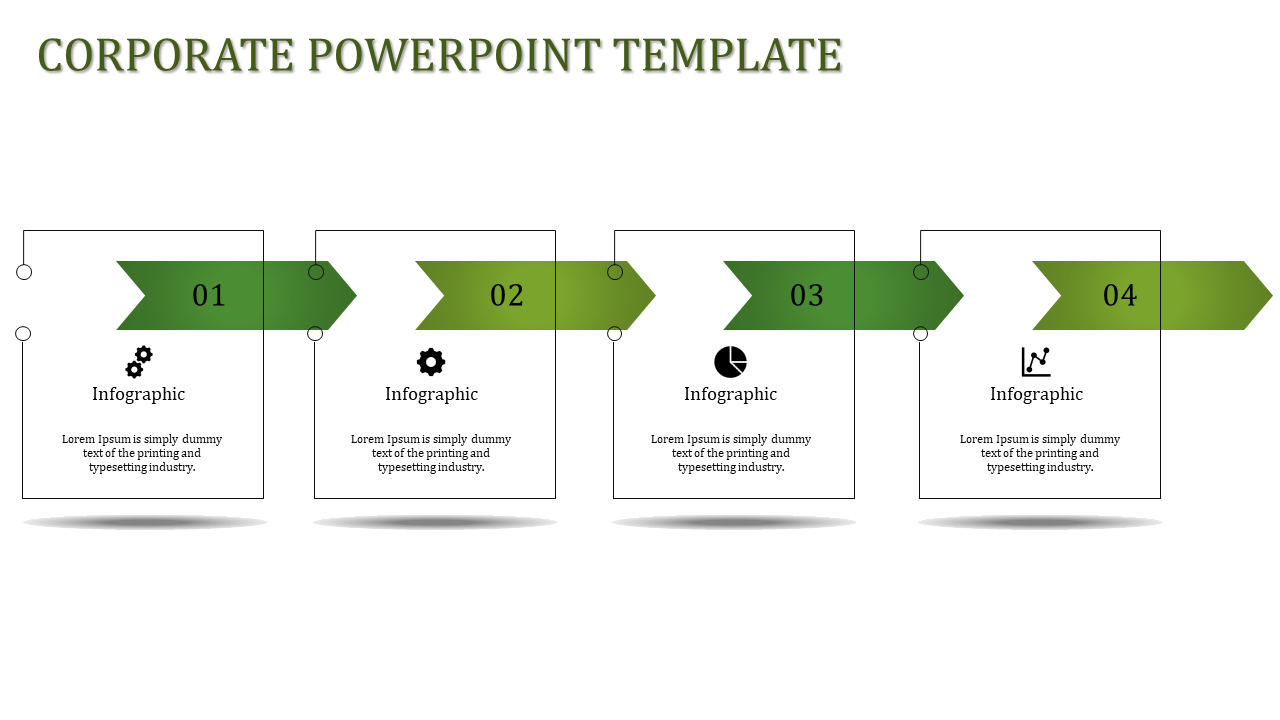 Corporate PPT slide with infographic sections each numbered with green sections 01 to 04, featuring icons and text area.
