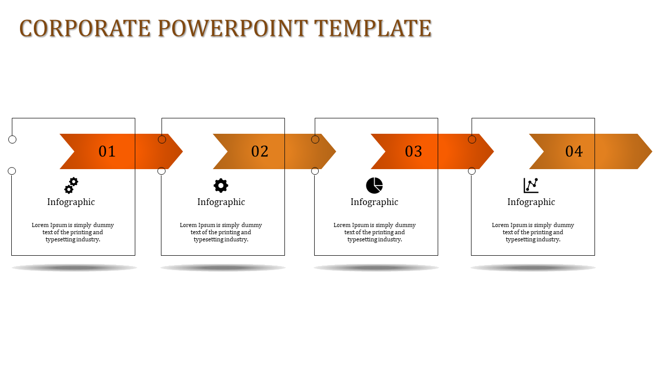 Corporate template featuring four sequential steps in orange arrows, with icons and text in each box.