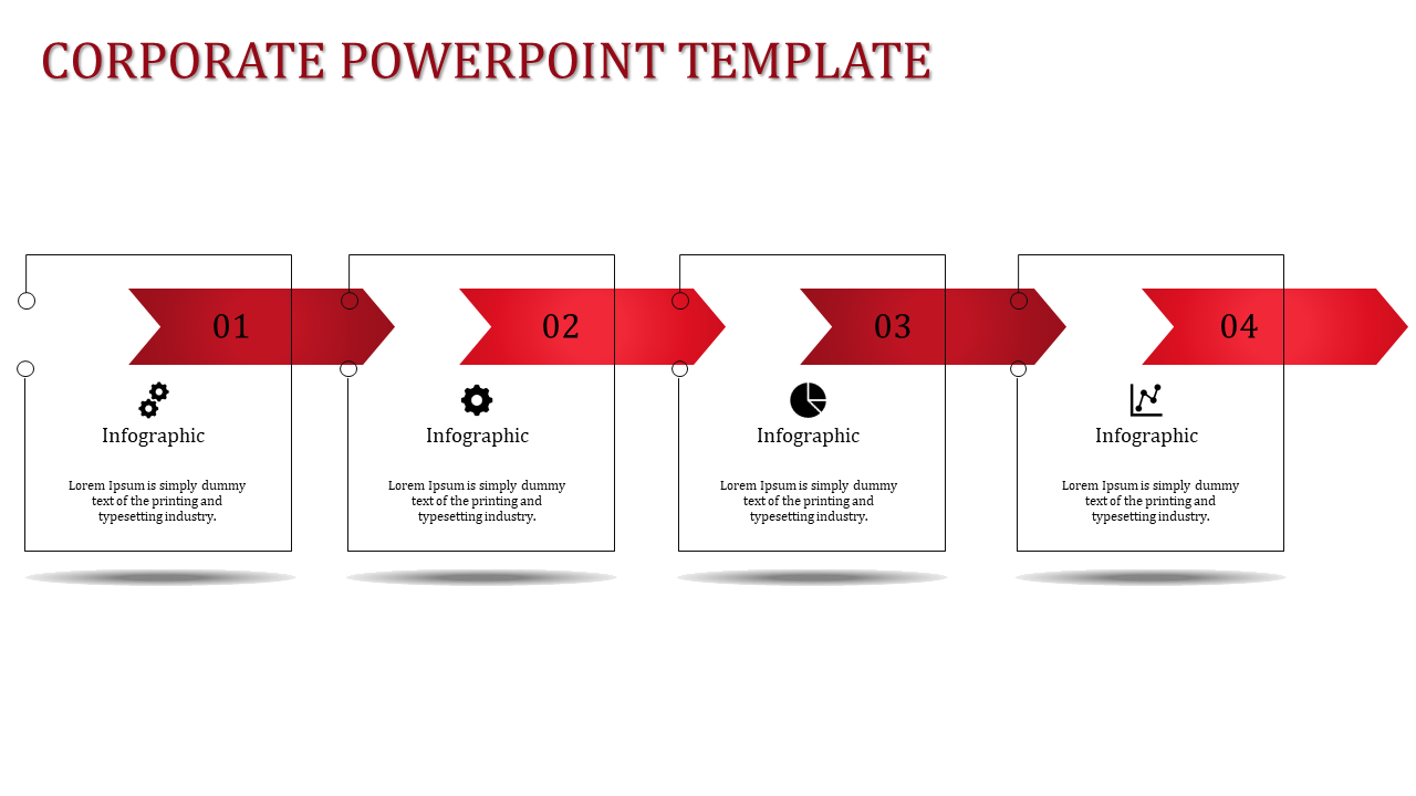 Red themed corporate template with four progressive steps, each represented by a directional arrow and caption areas.