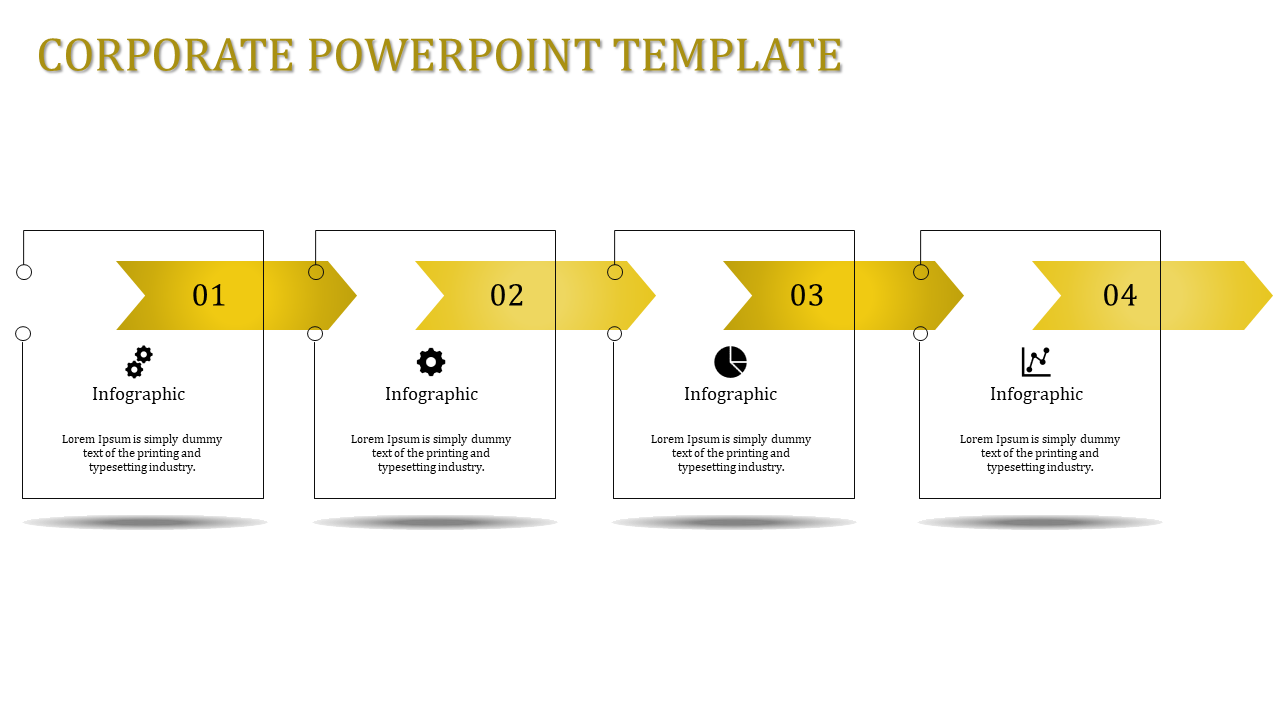 Yellow themed corporate slide with four rectangular steps linked by arrows and circular connection points.