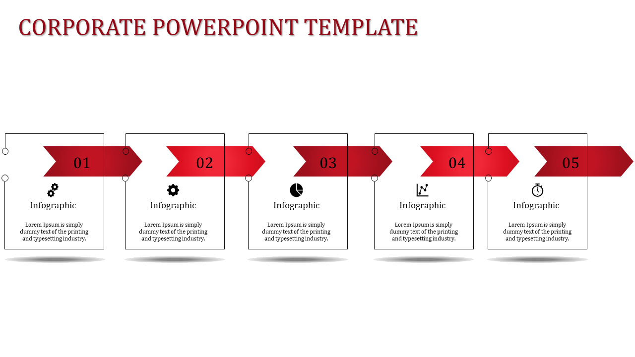 Corporate PowerPoint template with five infographic sections each numbered 01 to 05, with red arrows and icons.