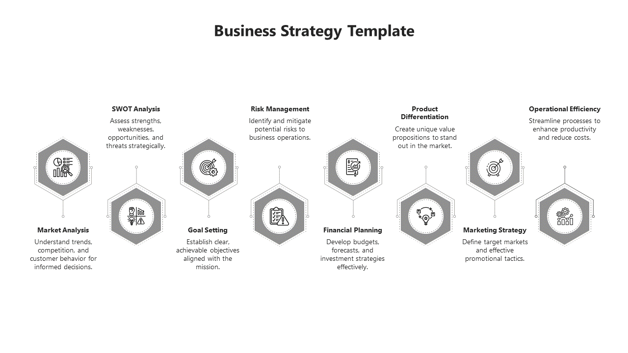 Business strategy template with eight gray hexagons, featuring icons and connected text sections on a white background.