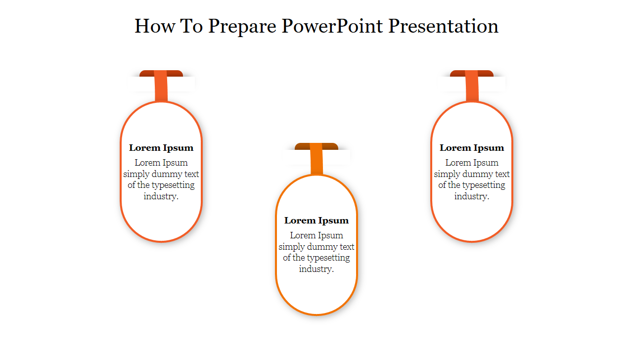 Hanging oval text boxes with blue borders and ribbons, arranged under How to prepare PowerPoint presentation title.