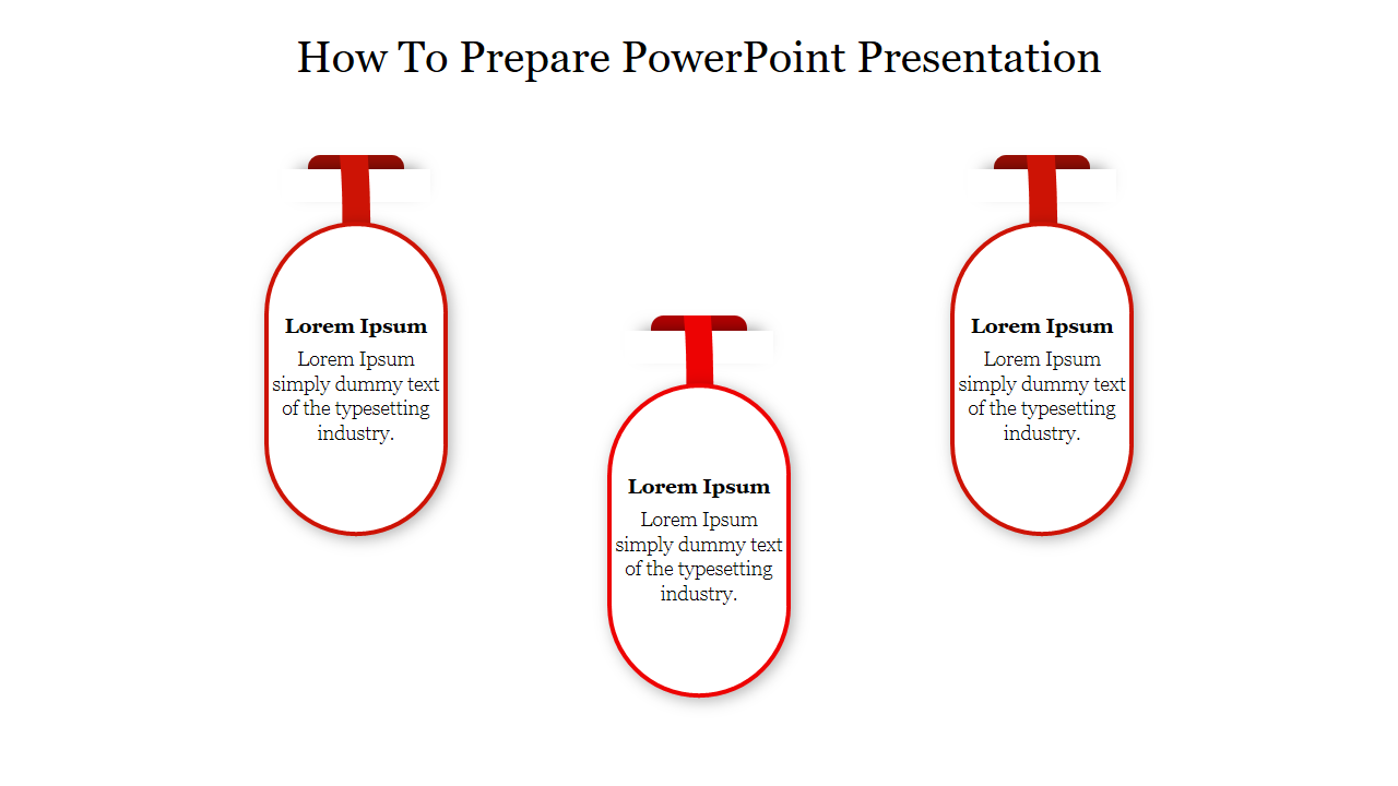 PowerPoint template with three red sections representing steps to prepare a presentation, with placeholder text.