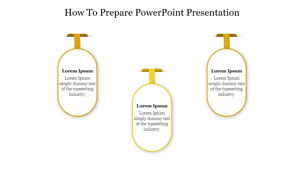 Oval text boxes with orange borders and hanging ribbons under How to prepare PowerPoint Presentation heading.