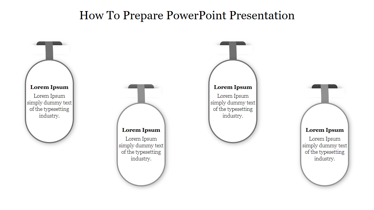 Gray themed PowerPoint slide showing four sections for how to prepare a presentation, each with placeholder text.