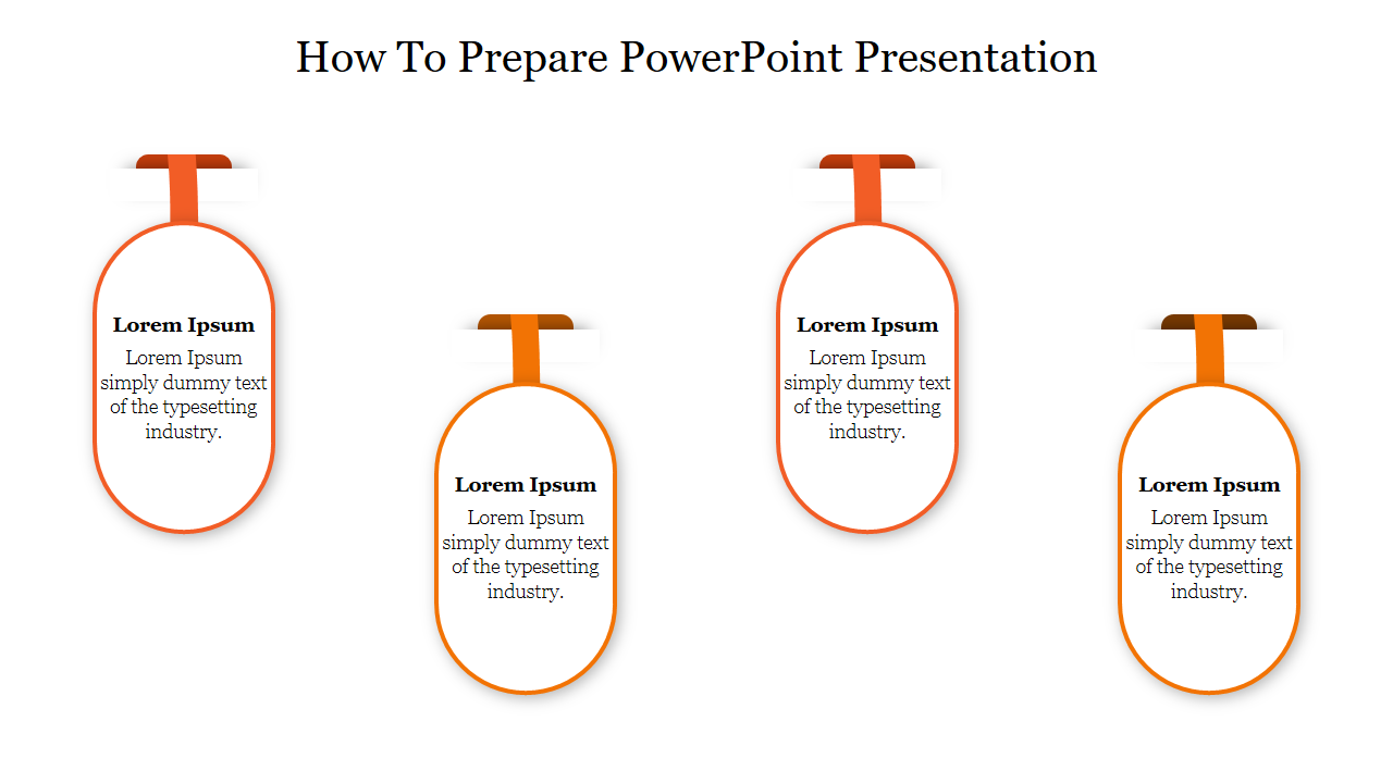 Infographic slide with four hanging orange ovals containing placeholder text, set against a white background.