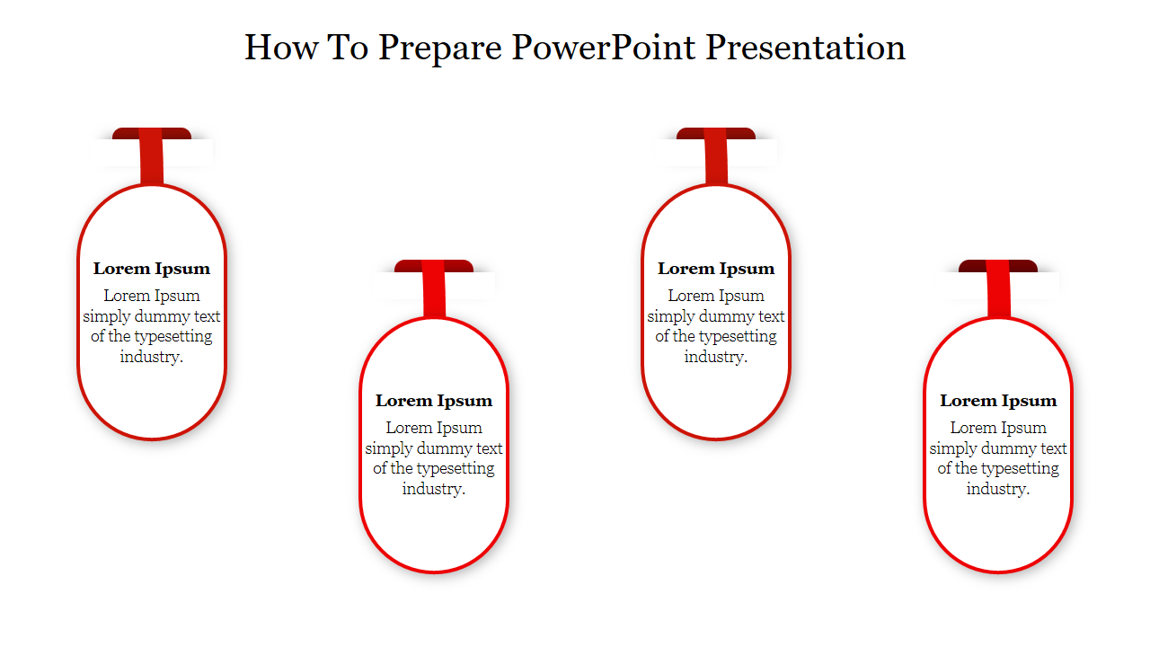 Four hanging oval text boxes with blue, green, and red borders and ribbons under the title How to prepare PowerPoint.