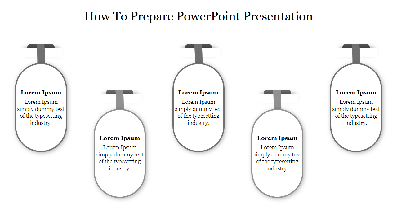 PowerPoint design with five steps on how to prepare a presentation, each with grey color sections with placeholder text.