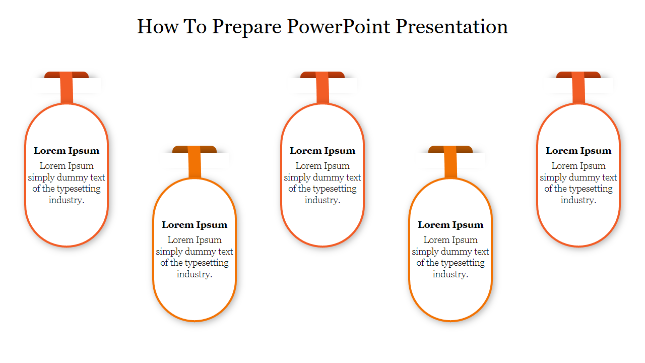 How to prepare PowerPoint showing  five oval boxes with blue borders and ribbons, aligned horizontally under the heading. 