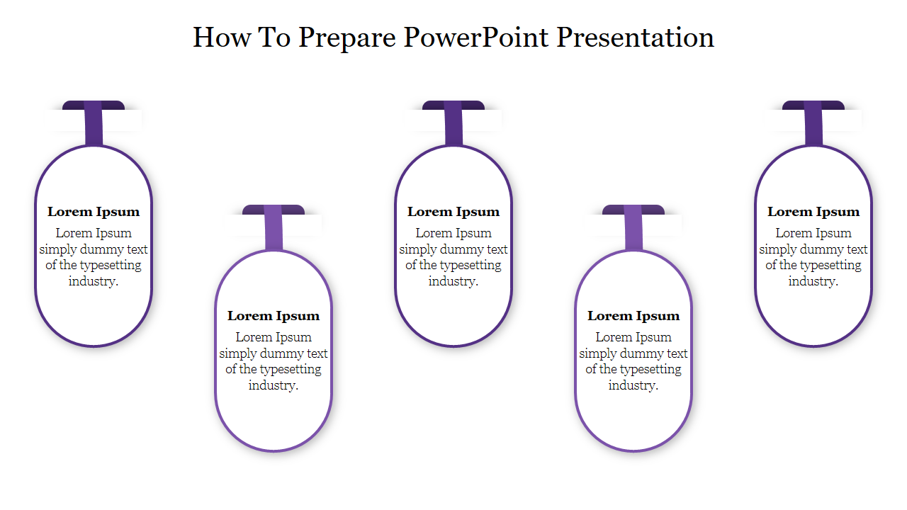Template with five oval shapes in purple, hanging from the top, illustrating steps and points in a presentation.