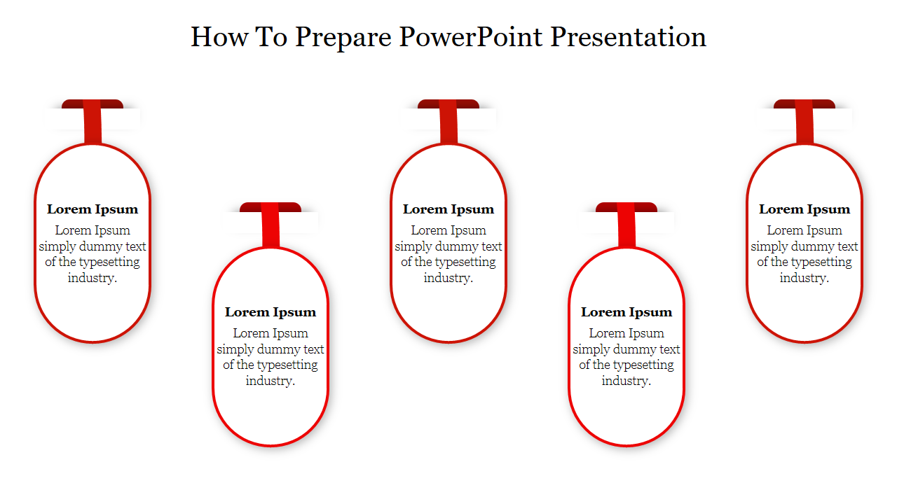 Red themed PowerPoint slide showing five sections for how to prepare a presentation, each labeled with placeholder text.