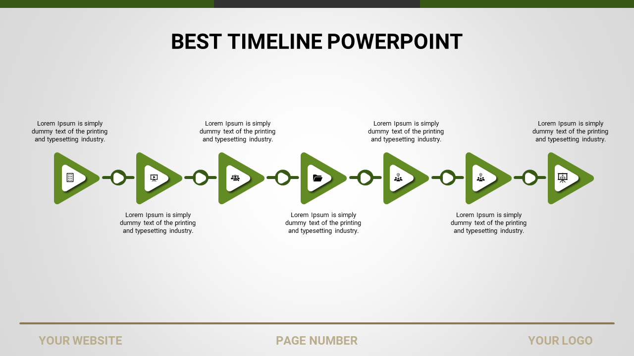 Timeline PowerPoint template featuring steps with green arrows, icons, and placeholder text for each stage.