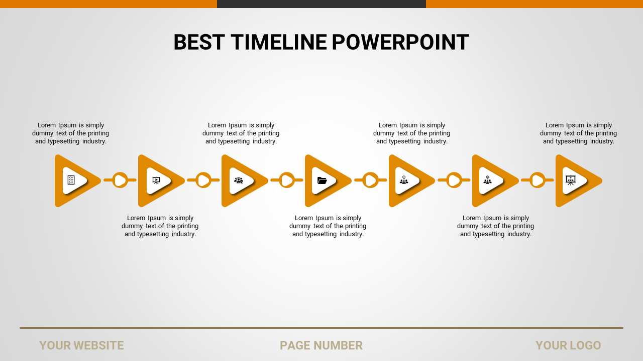 Horizontal layout with seven orange triangular arrows and icons, linked by lines and labeled with placeholder text.