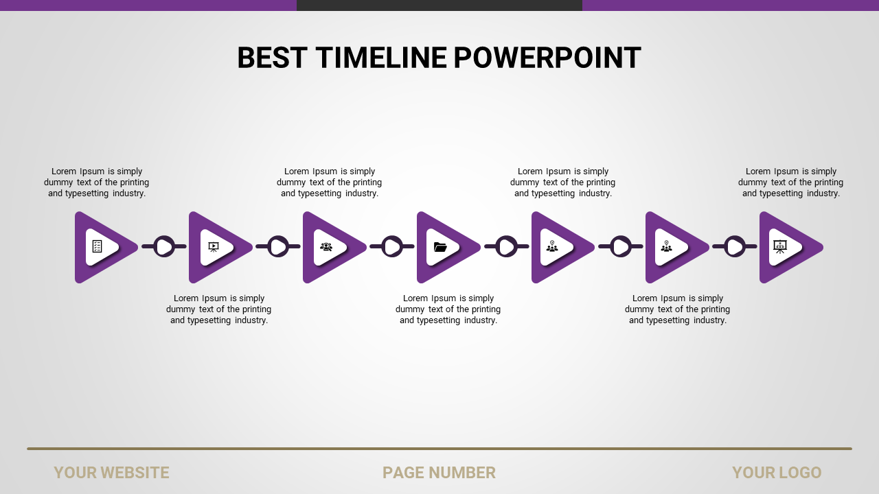 Timeline PowerPoint template featuring steps with purple arrows, icons, and placeholder text for each stage.