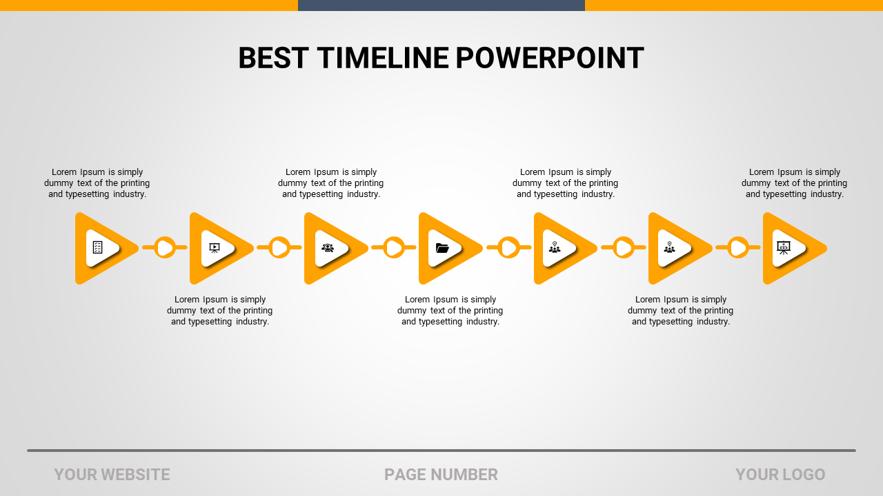 Timeline with seven yellow triangular arrows, each connected by lines and paired with icons and descriptions.