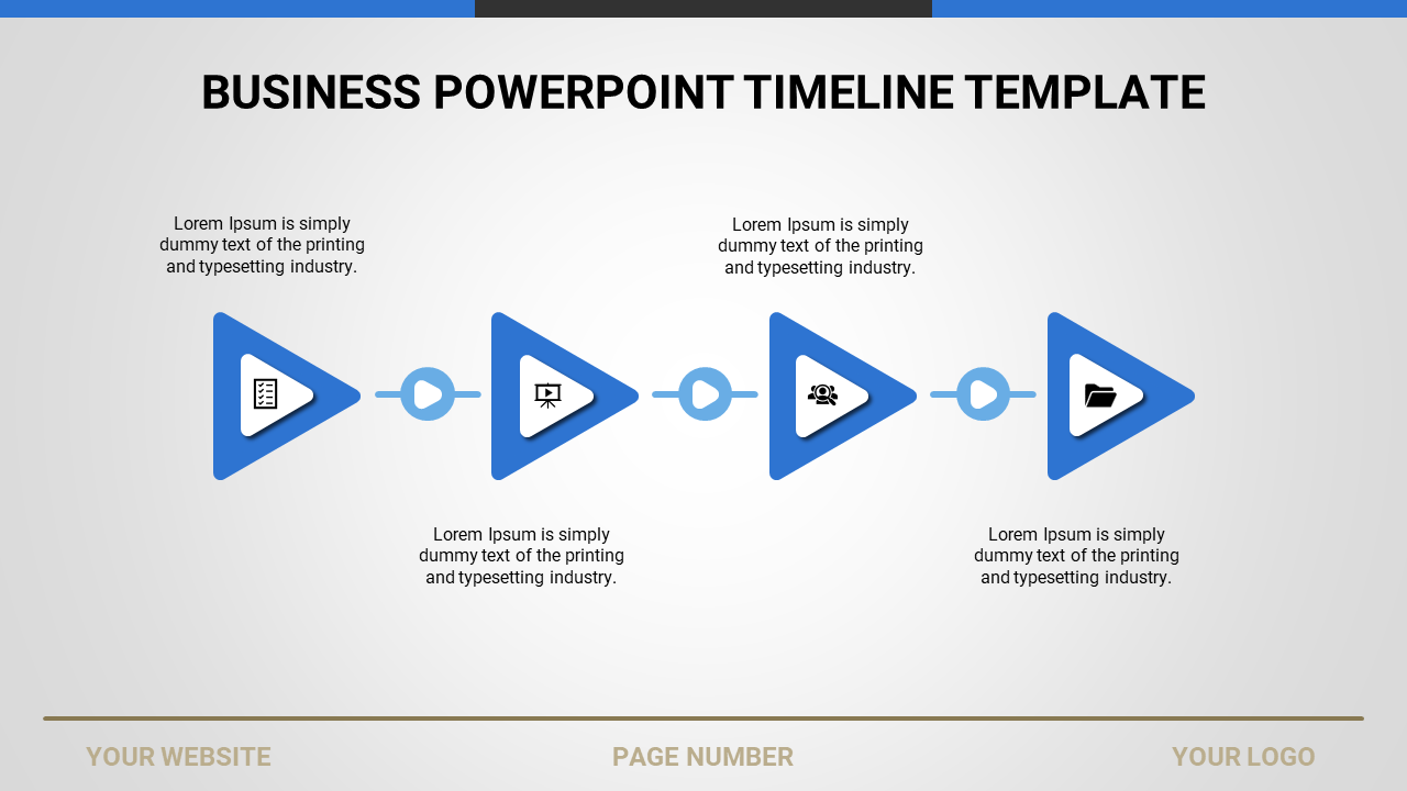 PowerPoint timeline template with blue triangle icons and placeholders for text and visuals.