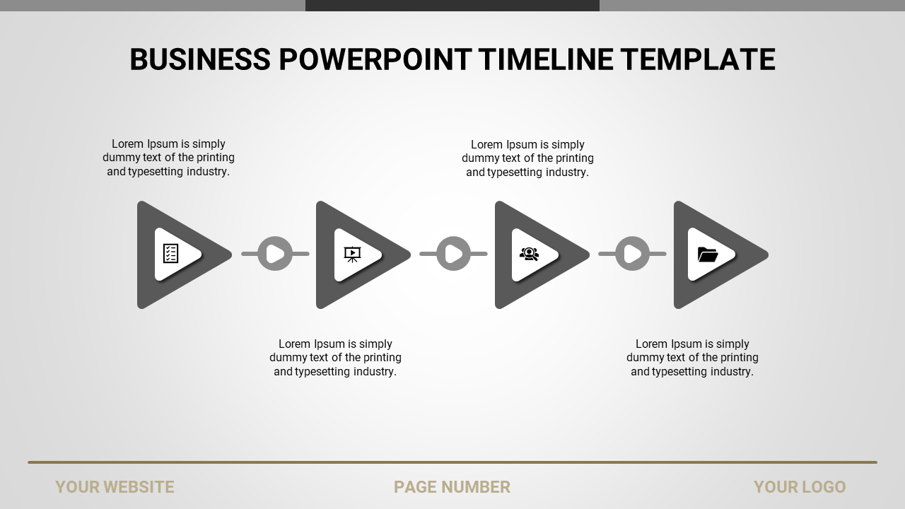 Business timeline template with four gray triangular arrows and icons, each representing different stages of a process.