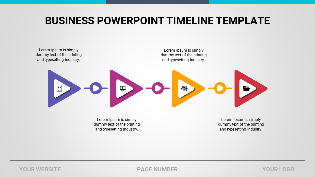 Business timeline slide with purple, pink, yellow, and red triangles, each containing icons with placeholder text.