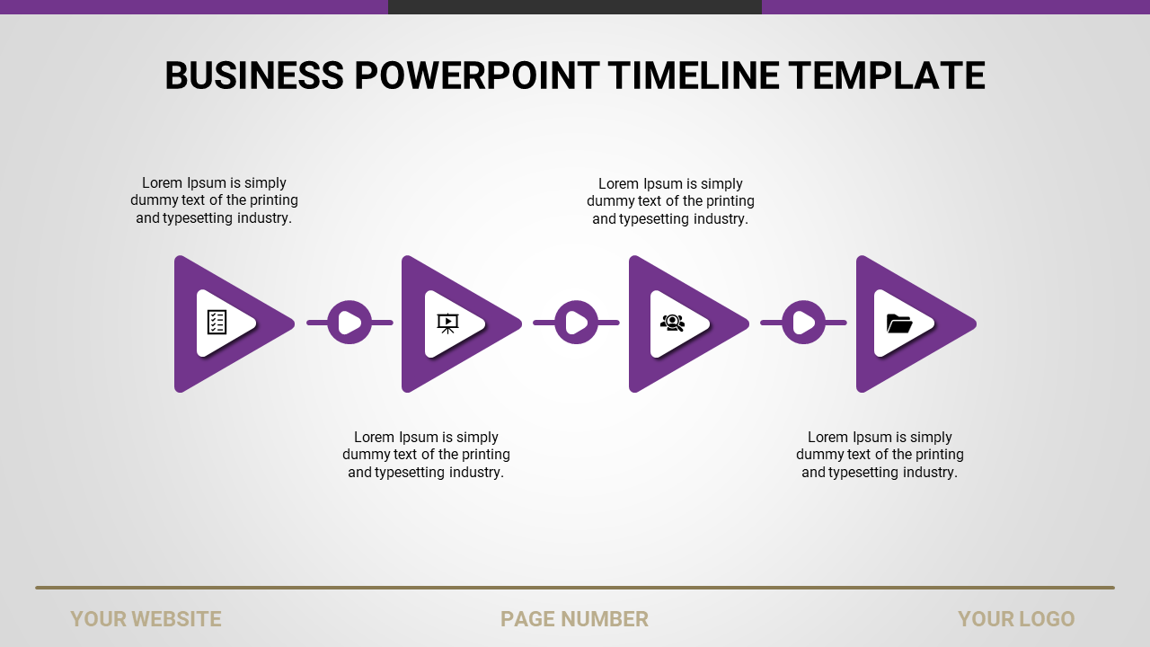 Timeline with four purple triangular arrows, each containing an icon and linked by lines with text descriptions.