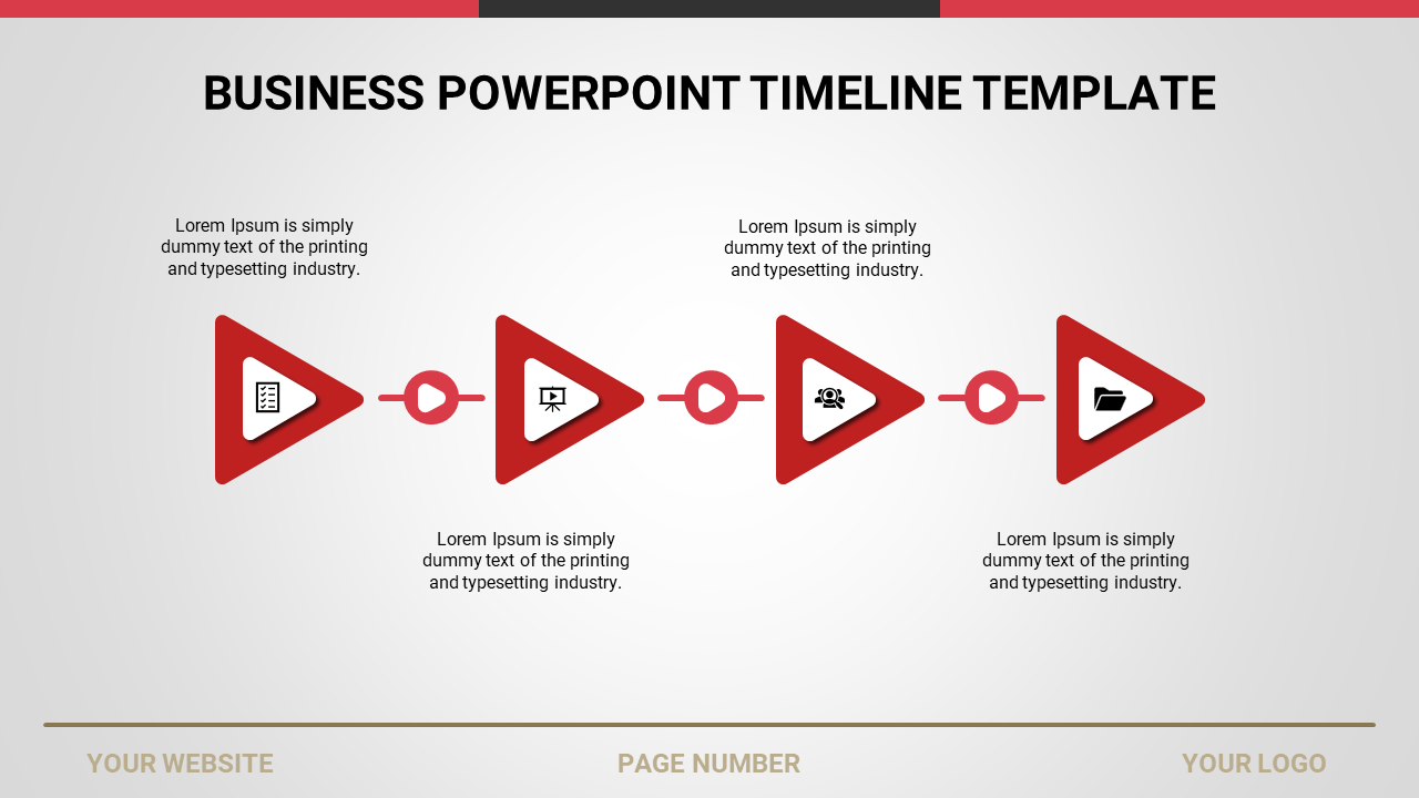 PowerPoint timeline template with red triangle icons and placeholders for text and visuals.