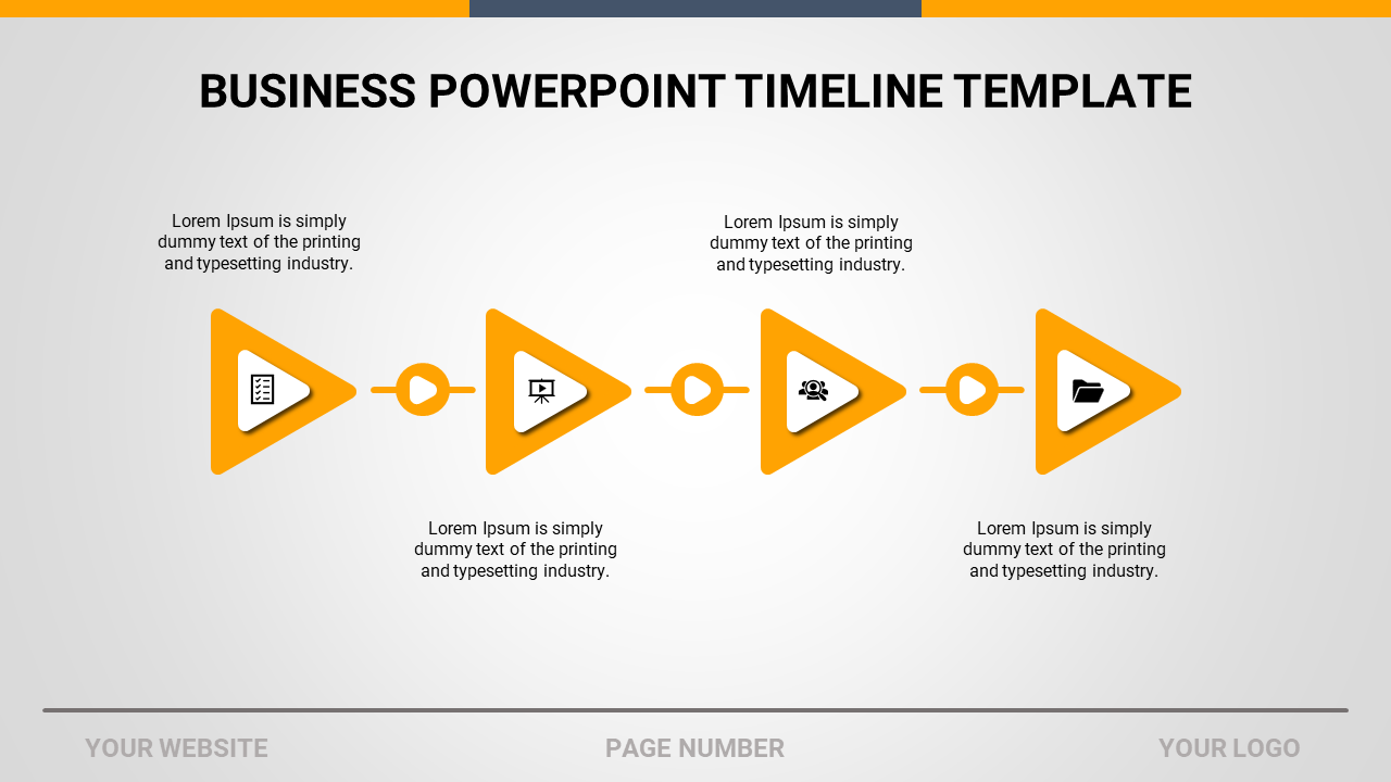 Orange timeline with triangular markers connected by circles, displaying icons and placeholder descriptions.