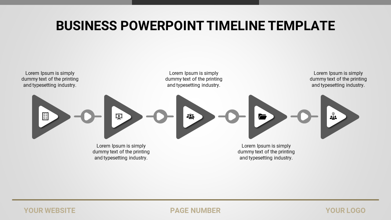 Gray triangular based timeline template with five icons and explanatory text, showing sequential steps in a business process.
