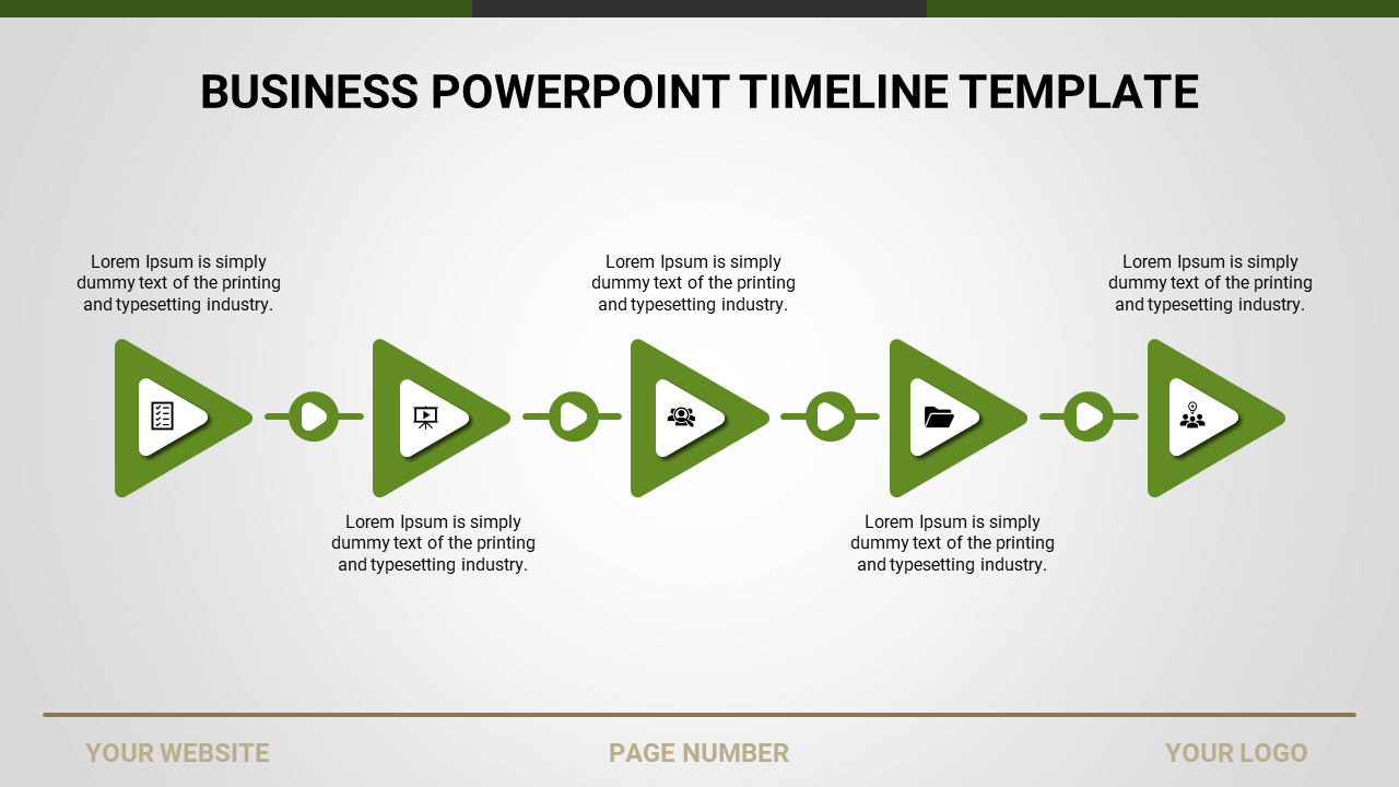 Yellow timeline with triangular markers connected by circles, displaying icons and placeholder descriptions.