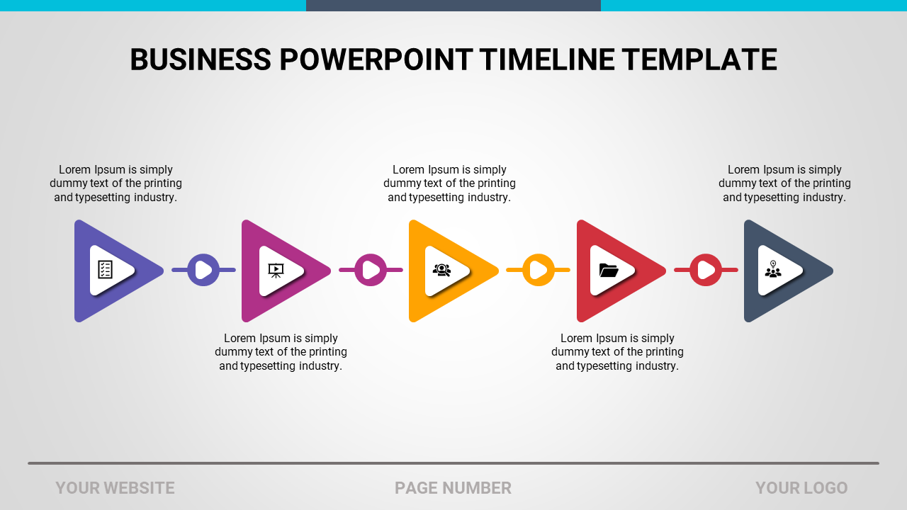 Timeline PowerPoint template with multi color triangle icons with placeholder text.