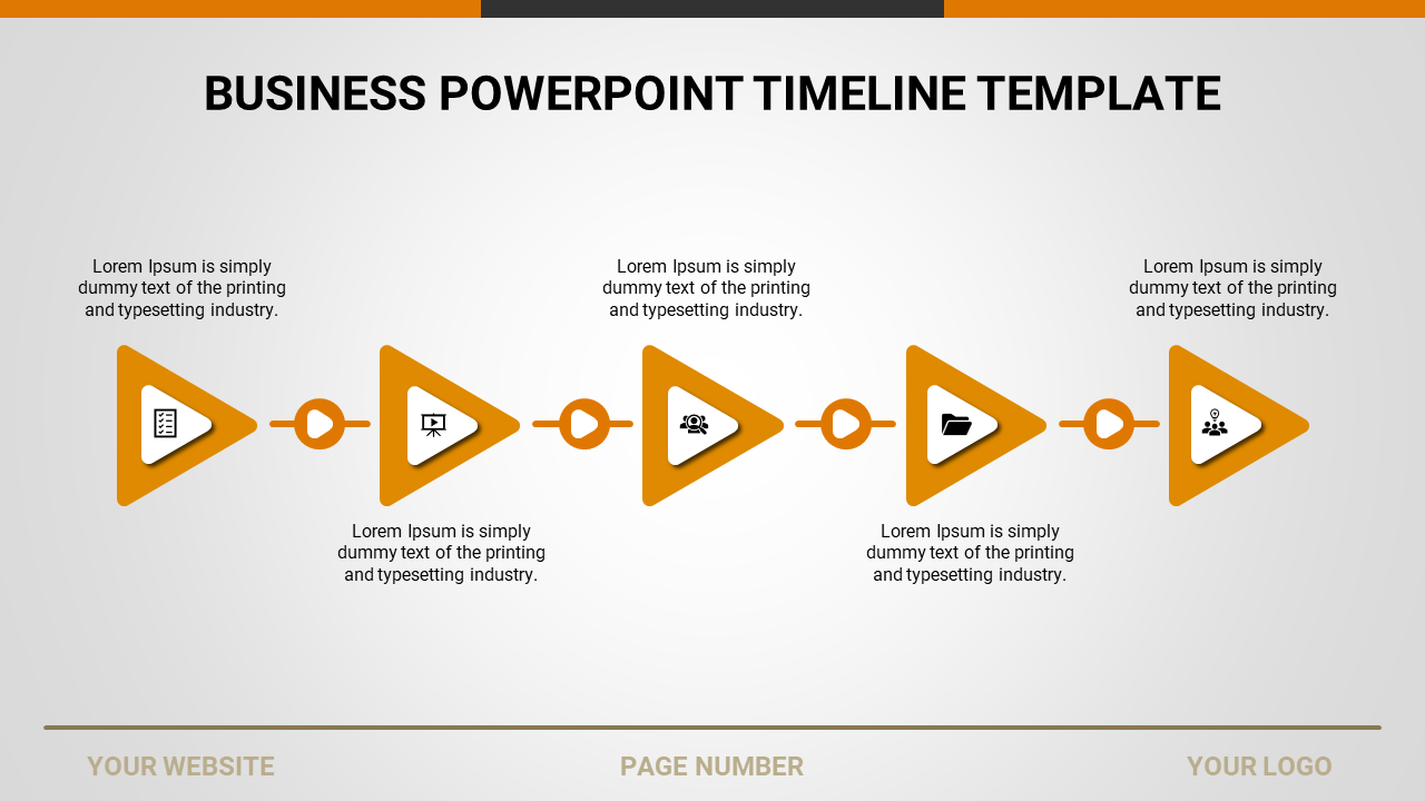 Horizontal golden yellow timeline with triangular markers linked by circles, featuring icons and descriptive text.