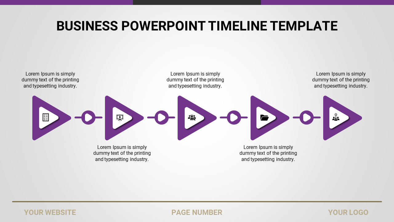 Horizontal timeline with five purple triangle and icons, connected by lines, with placeholder text beneath each step.