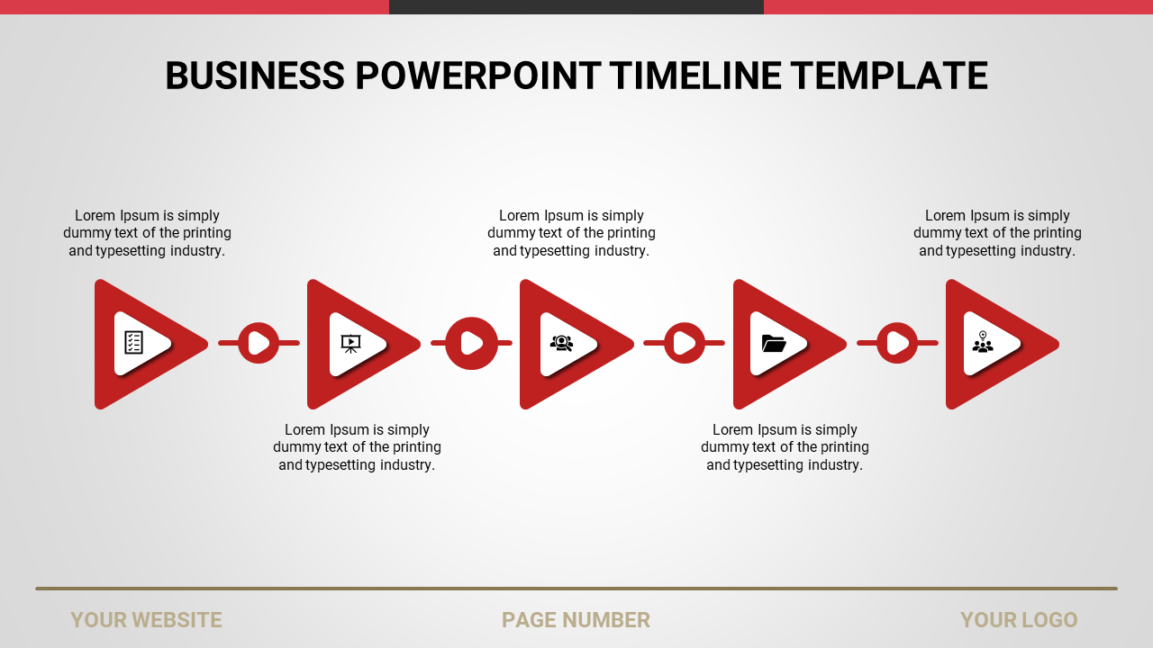 Timeline PPT template with red triangle icons representing document, presentation, team, and file management in a sequence.