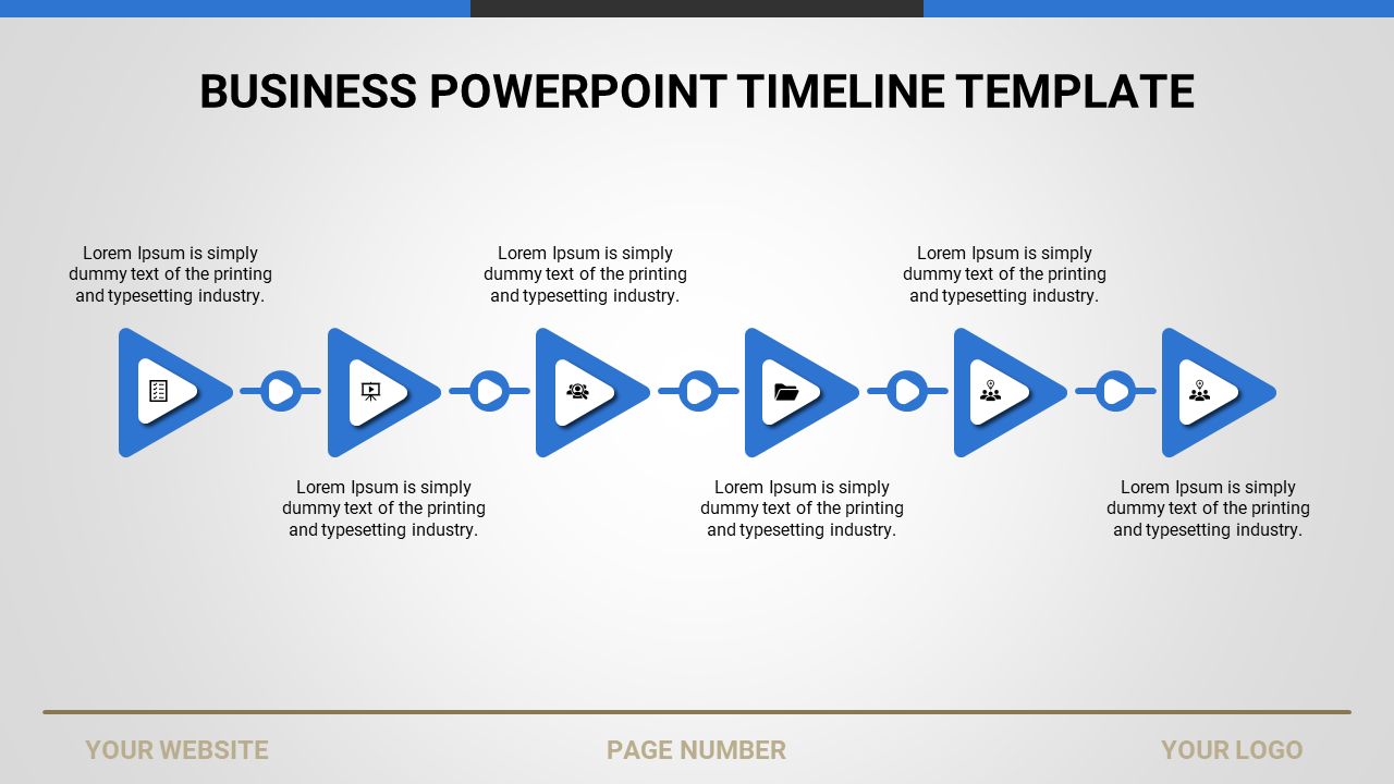 Blue themed timeline with six triangular arrows and text, representing different stages with icons and labels.