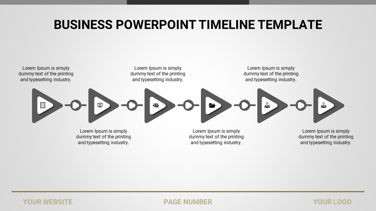 Business timeline PowerPoint template with grey arrows and icons with placeholder text.
