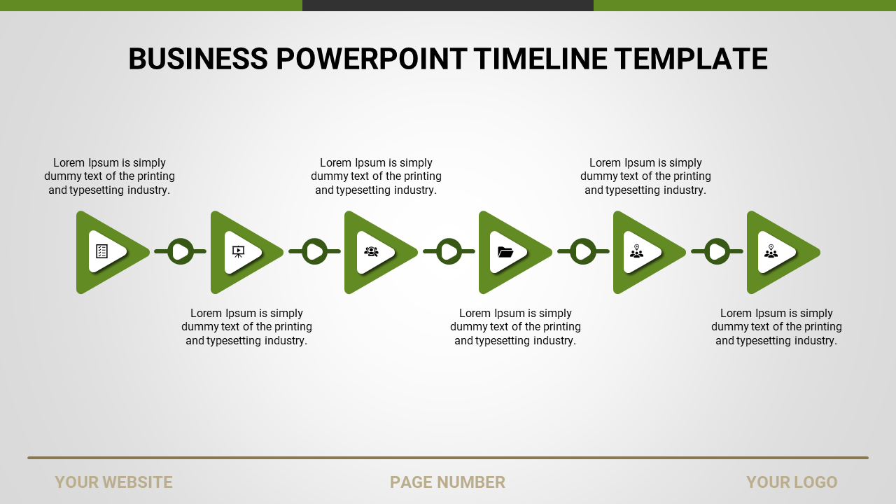 Business timeline PowerPoint template with green arrows and icons with placeholder text.